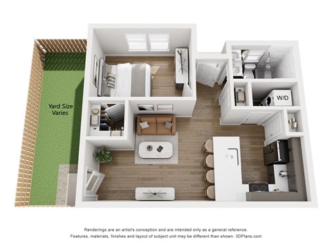 Floor plan for 1 bed, 1 bath, 673 sqft